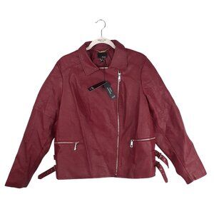 Ana Faux Leather Womens Jacket With Side Zipper & Buckle Detail - Size 1X - Red